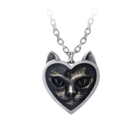 Love Cat Pendant – Alchemy Gothic Heart Shaped Cat Face ✦ Pewter Charm ✦ Black - Picture 2 of 3